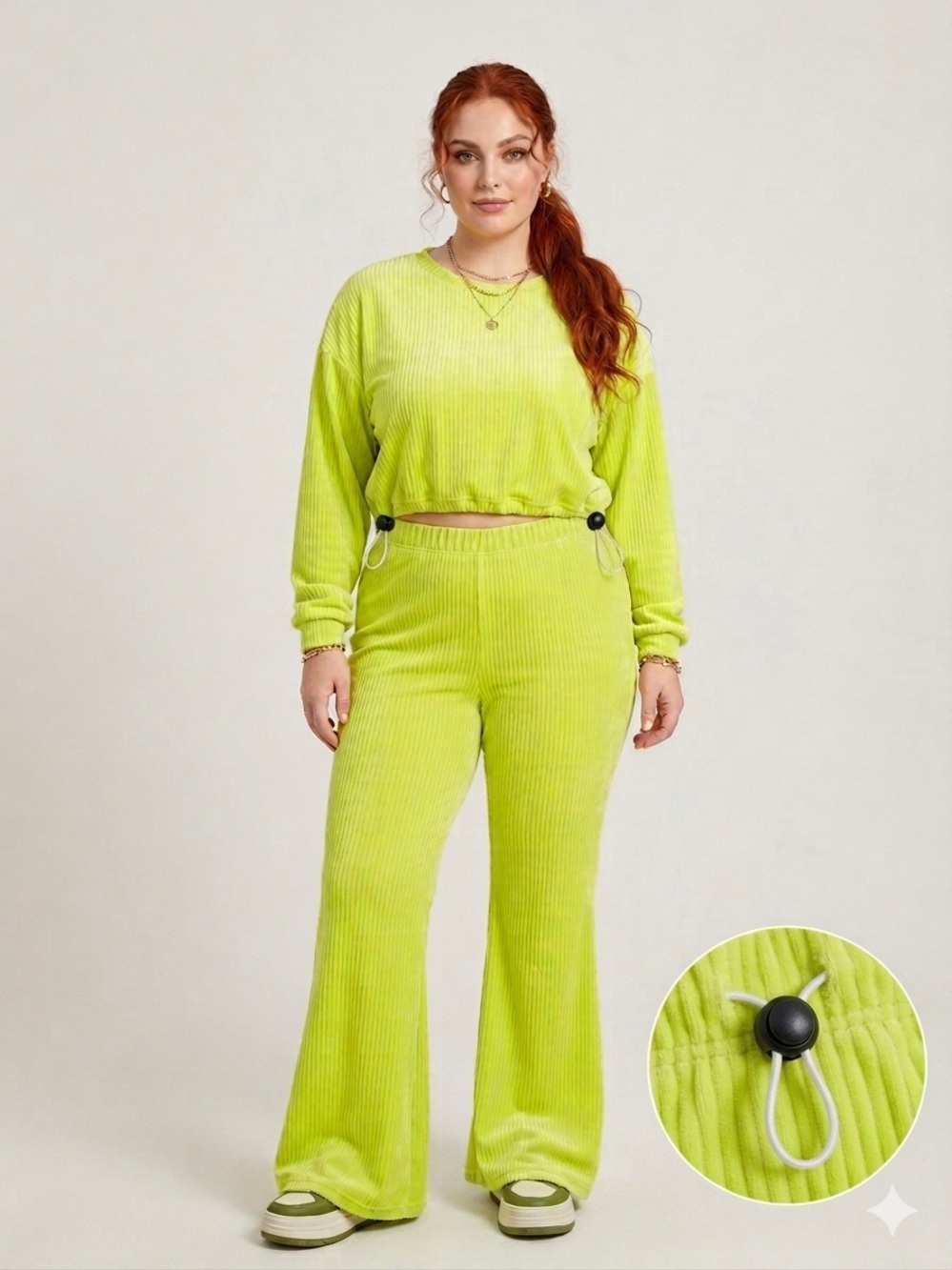 Like an Angel NWOT Lime Green Ribbed Velour Cropped Lounge Set - XL